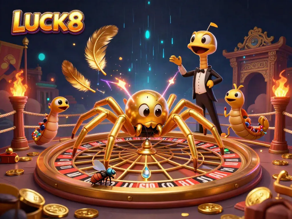 Experience LUCK8 vibes with a captivating 3D golden spider spinning a roulette wheel web.
