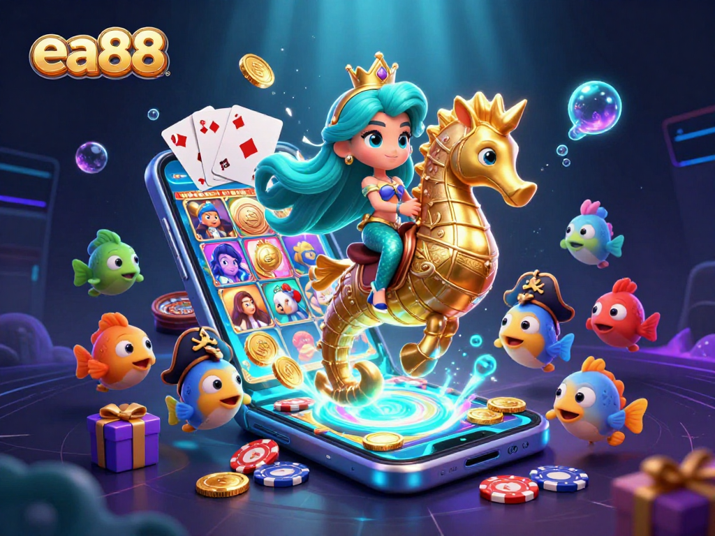 Engage in the vibrant world of ea88 with a thrilling illustration showcasing colorful casino elements and characters.