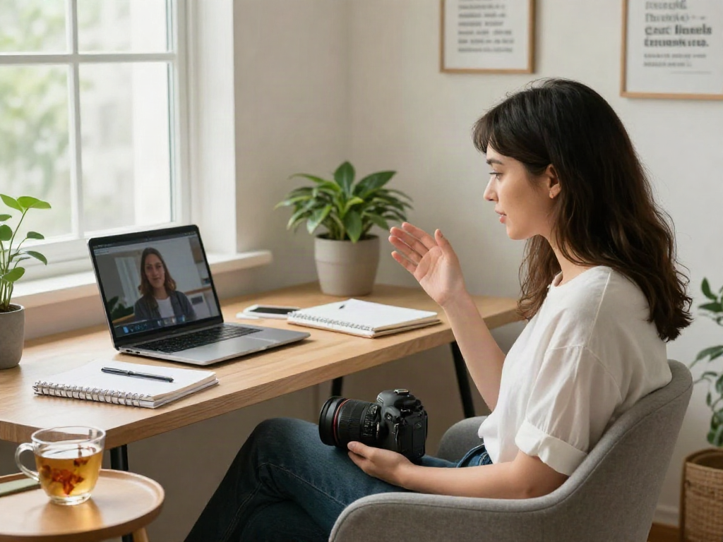 Warm home office scene with a woman discussing relationship advice, embodying 'try what she says' for personal growth.