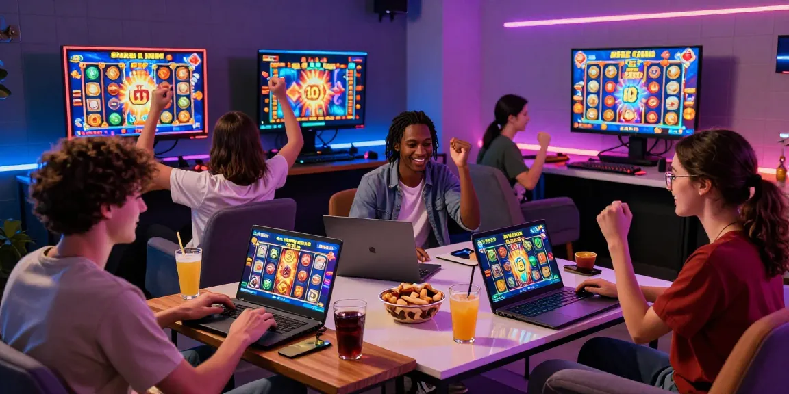Exciting online gaming scene with diverse friends celebrating session featuring slot depo 10k.