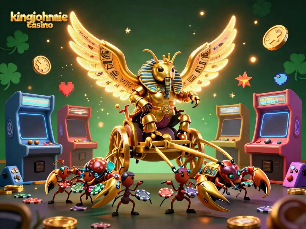 Experience the thrill at kingjohnnie casino with an energetic scene of 3D characters and gaming elements.