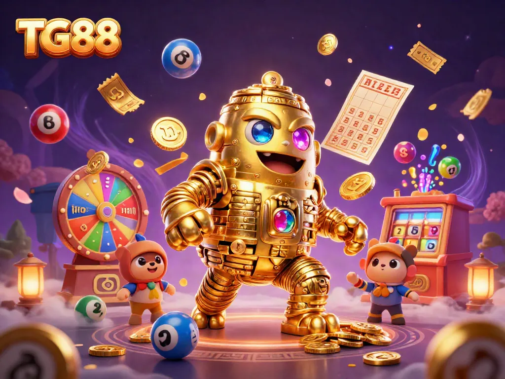 Experience the thrilling world of TG88 with a vibrant 3D casino illustration featuring dynamic game elements.