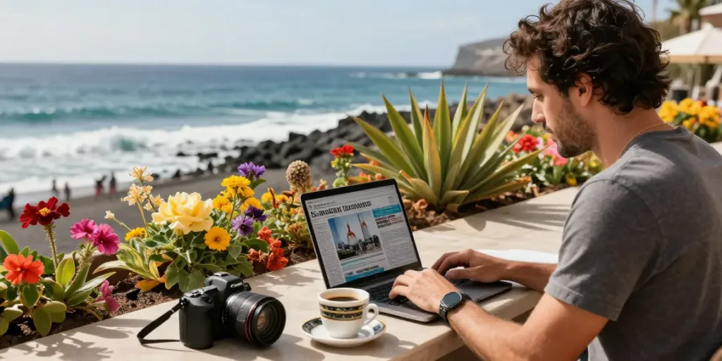 Engaging scene of a journalist writing Canarian news on a sunny terrace in Tenerife.