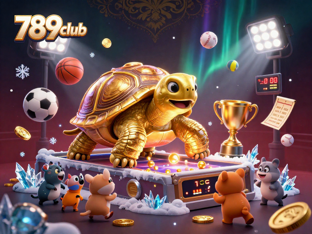 Engage in exciting gameplay at 789club as vibrant sports elements and a golden tortoise invite players to enjoy thrilling casino games.