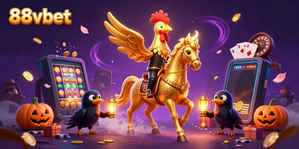 Experience the excitement of 88vbet with a golden rooster and friends in a magical casino scene.