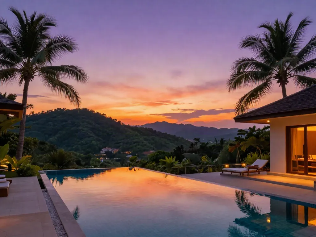 Thailand residency by investment scene with luxurious villa, palm trees, and sunset.