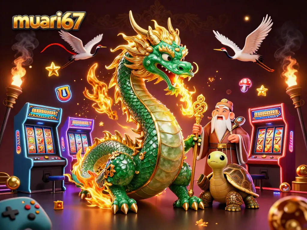 Engage with murai67 through an immersive scene featuring lucky dragons and vibrant casino game elements.