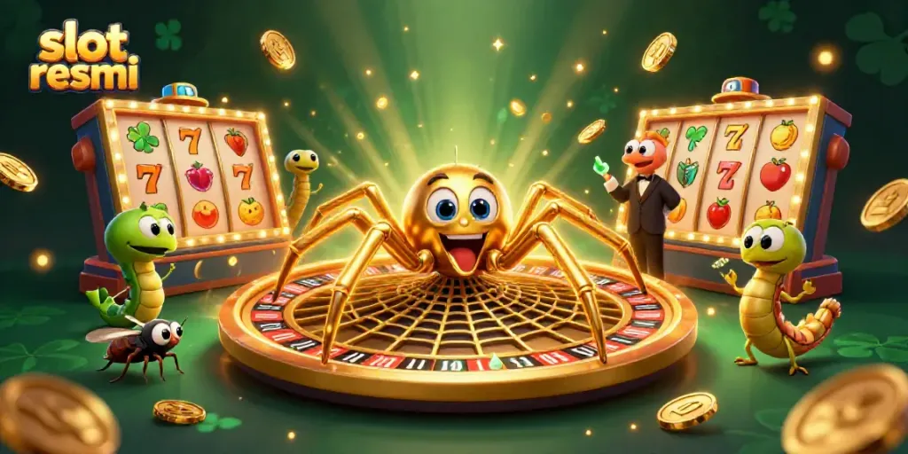Experience the thrill of slot resmi with a golden spider spinning a jackpot web in a vibrant casino setting.