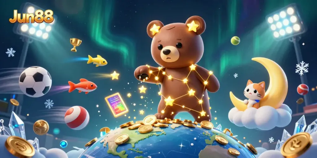Experience thrilling wins with Jun88 as a constellation bear scoops up coins in this vibrant casino scene.