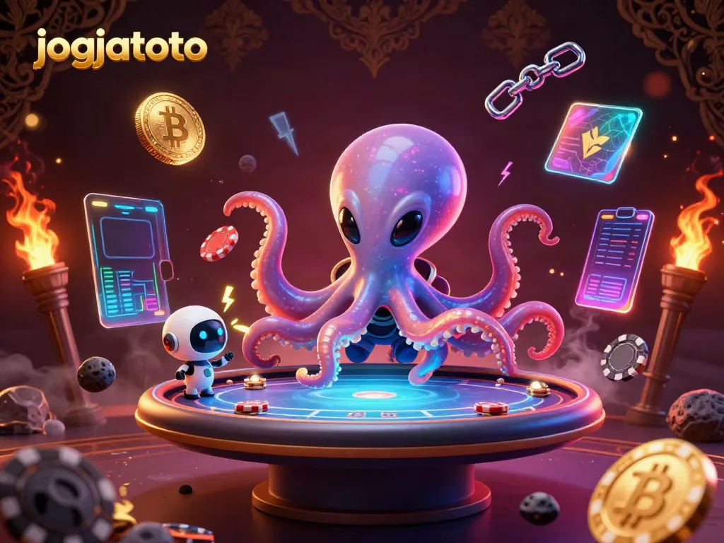Join the action at jogjatoto with a vibrant cosmic poker scene featuring an alien octopus and digital elements.