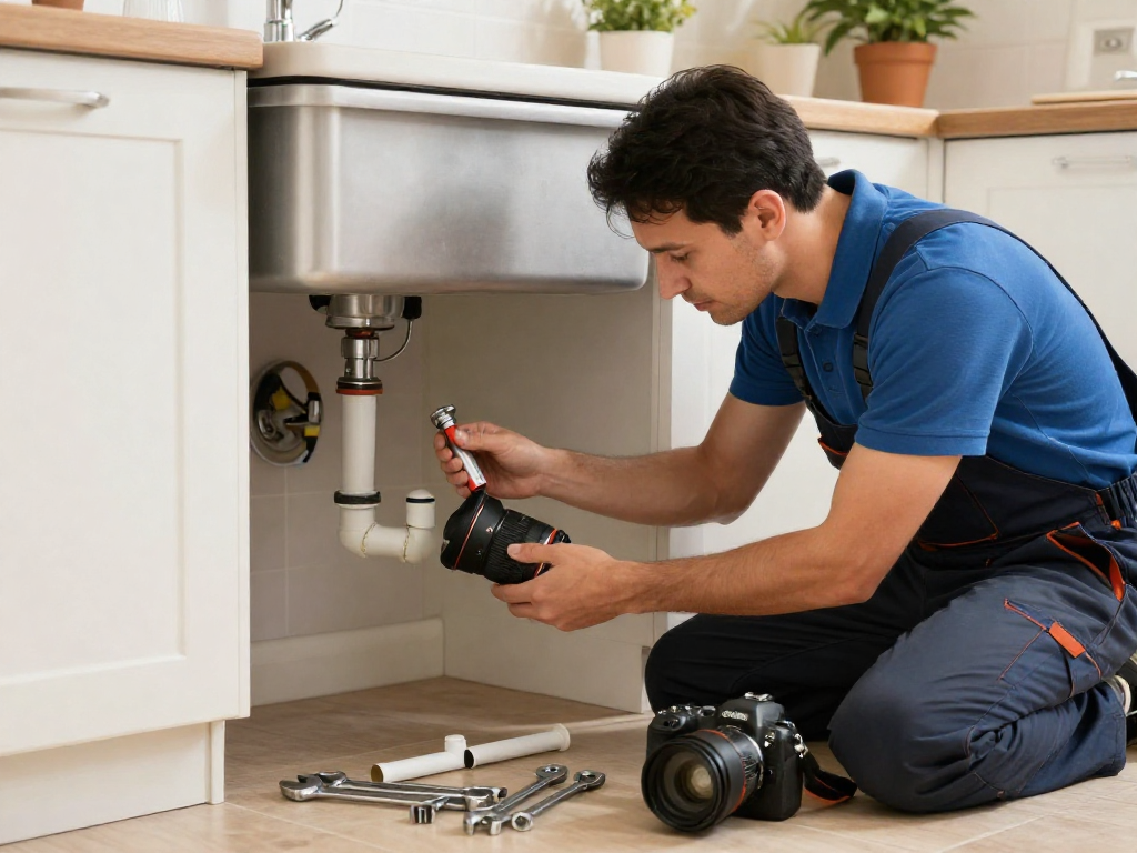Leak repair Fort Worth by a skilled plumber in a bright kitchen, showcasing tools and professionalism.