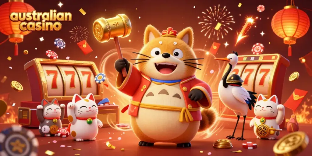 Exciting australian casino scene with cheerful tanuki, crane, and lucky cats amid festive gaming elements.