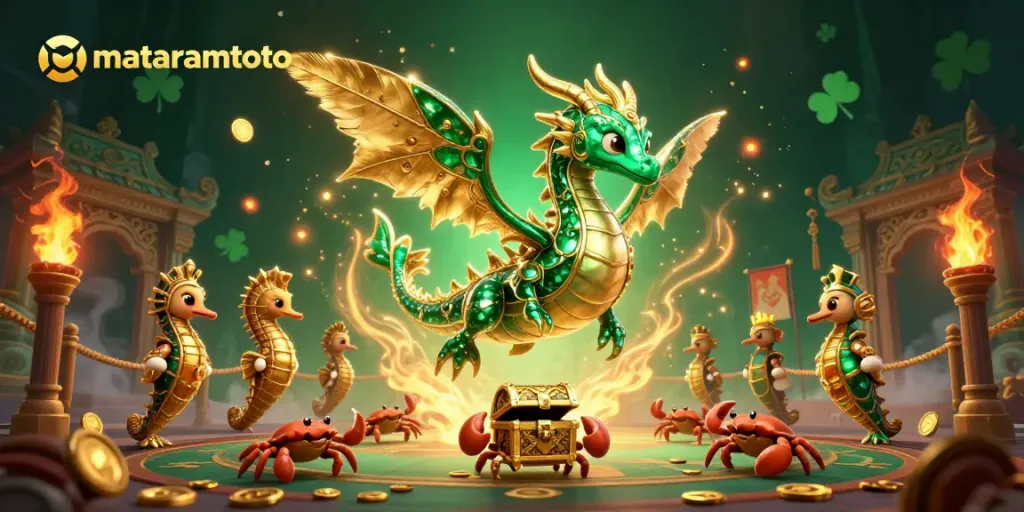 Engage with exciting games on mataramtoto, featuring a vibrant 3D scene of emerald sea dragons.
