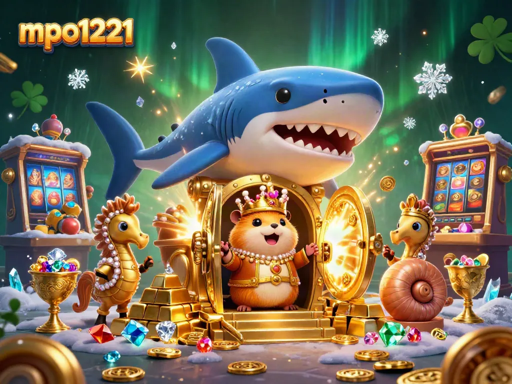 Engage with mpo1221 in a vibrant casino scene featuring a golden hamster king and treasures.