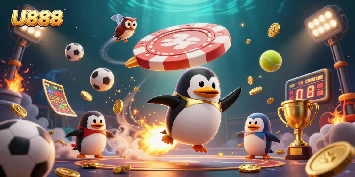 Experience U888's dynamic universe with a golden penguin, coins, and vibrant sports elements!