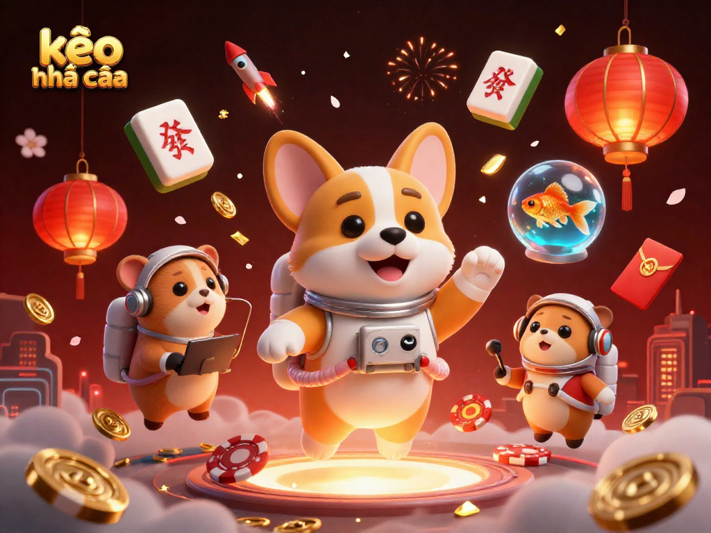 Experience kèo nhà cái excitement with a floating astronaut corgi and vibrant casino elements.