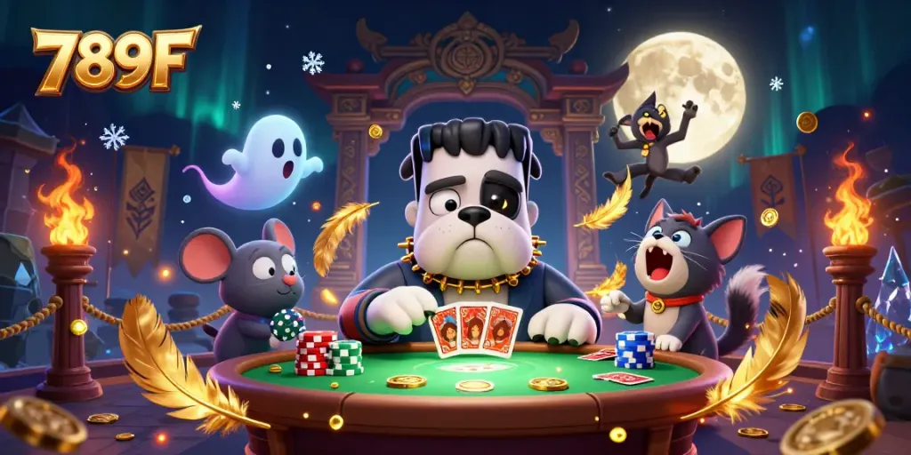 Experience the thrilling casino ambiance at 789F with dynamic characters, cards, and gold accents.