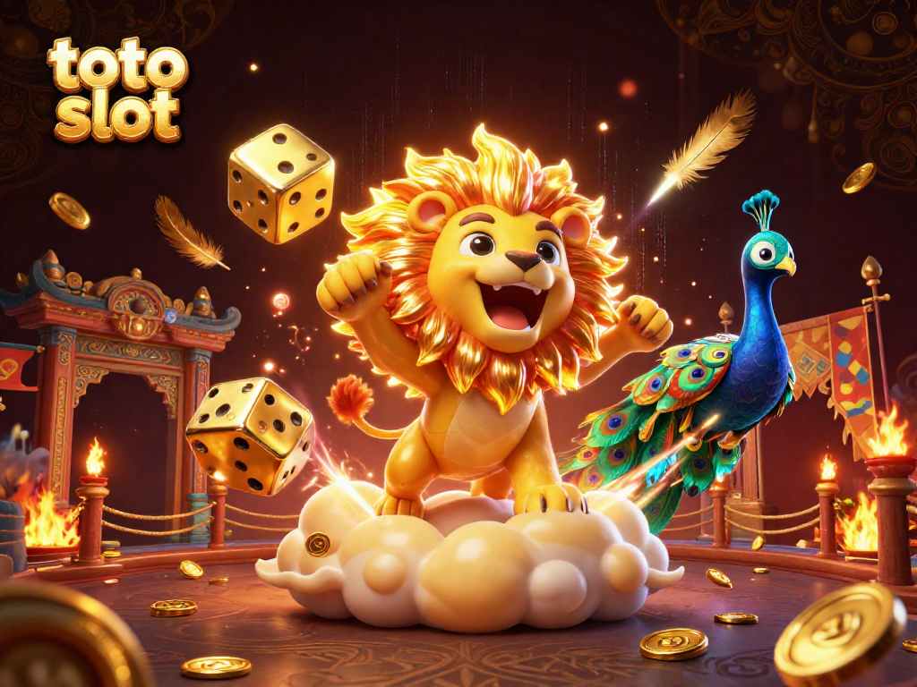 Permainan toto slot yang menarik dengan singa, dadu emas, dan efek berapi.