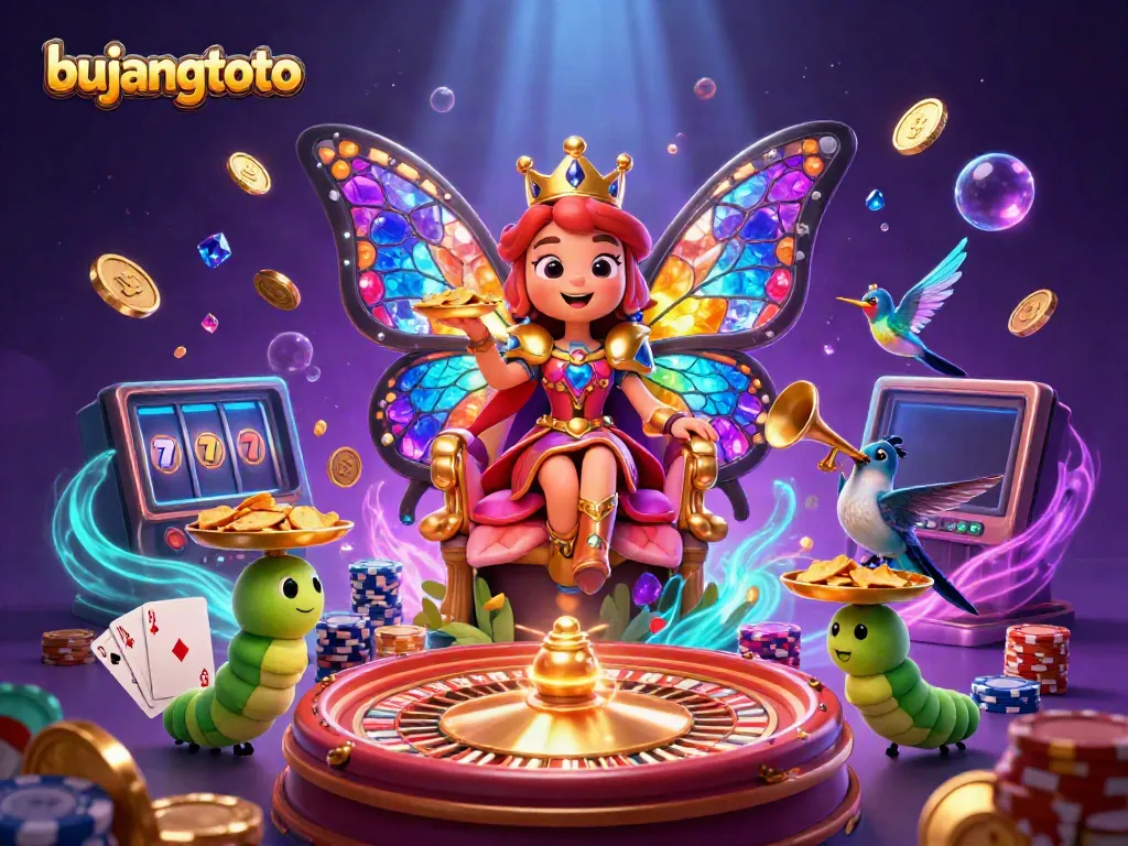 Bujangtoto features a vibrant 3D butterfly queen in a casino setting with chips and roulette elements.