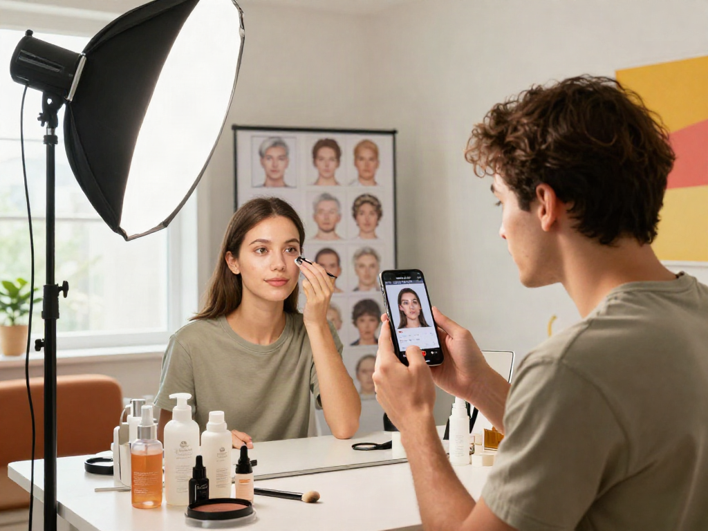 This dynamic scene shows a young adult using an app to determine how old do I look in a professional photography studio.
