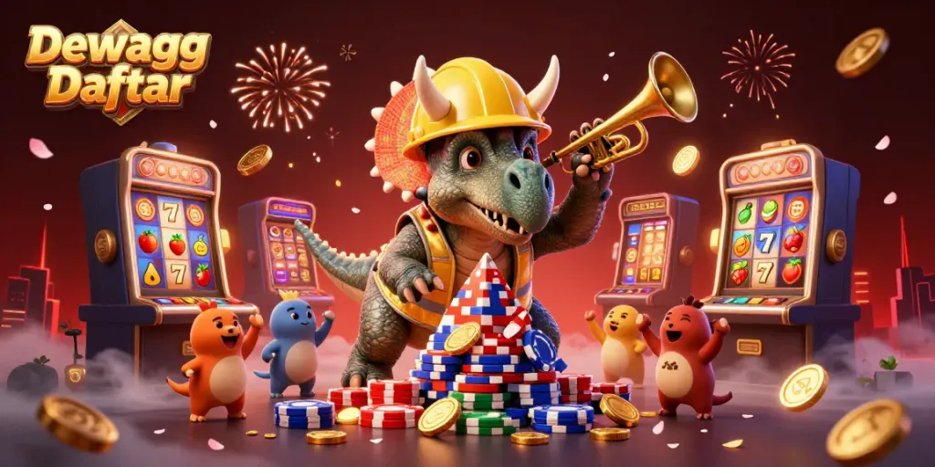 Dewagg Daftar showcasing a lively scene of dinosaurs celebrating online casino success with poker chips and slot machines.