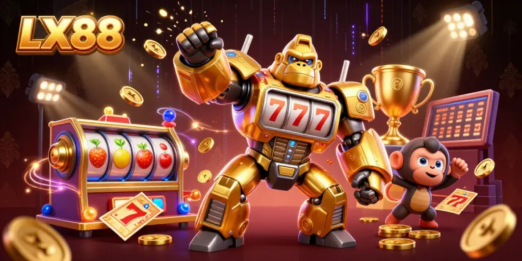 Engaging LX88 casino scene featuring a golden gorilla mech with slot machine parts, lucky symbols, and dynamic elements.