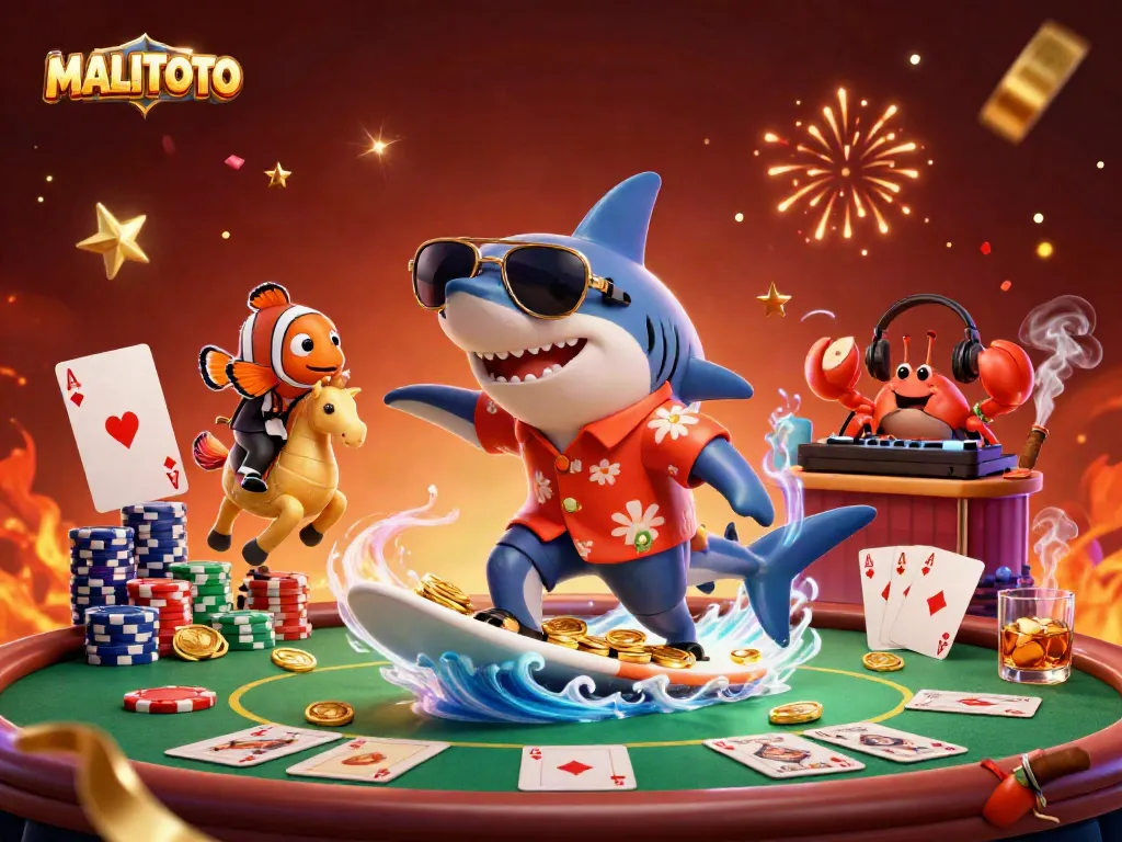 MALITOTO showcases a dynamic scene with a hammer-head shark, clownfish, and crab DJ at an exciting casino themed setting.