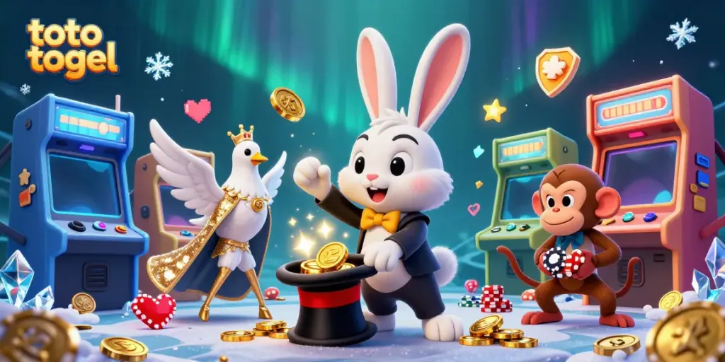 Experience excitement with toto togel in this engaging 3D illustration featuring a magician rabbit and playful casino elements.