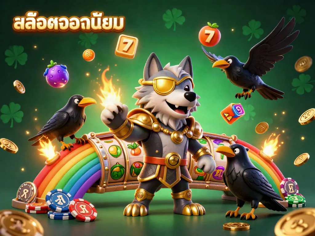 Play slot games like สล็อตยอดนิยม with dynamic luck symbols and casino elements in a thrilling scene.