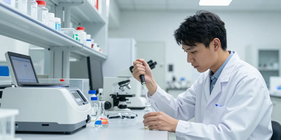 NAD research compound for sale in a laboratory setting, with a scientist measuring the substance using precise equipment.