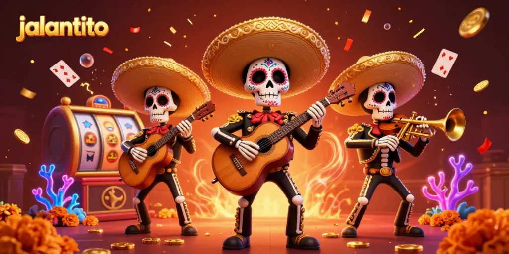 Jalantoto menampilkan band mariachi tengkorak bermain dengan latar belakang kasino berwarna-warni.