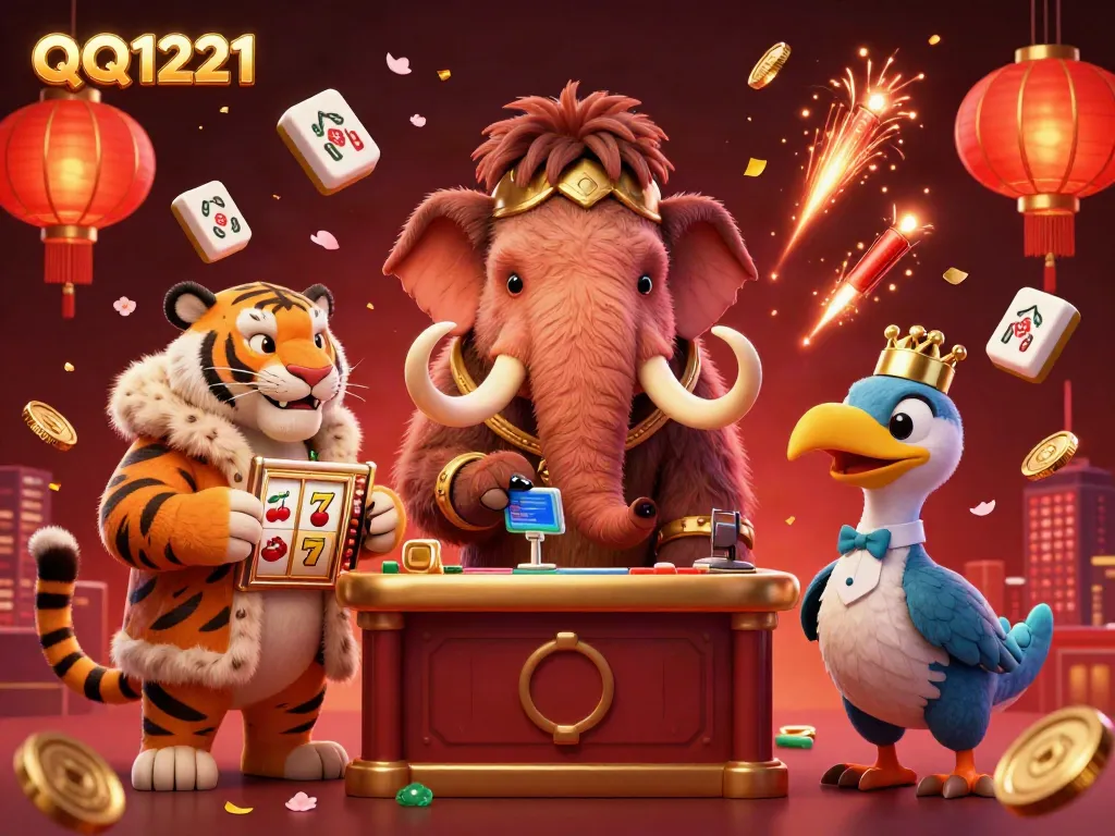 Experience the vibrant QQ1221 online casino scene with a mammoth bouncer, saber-tooth guest, and rich gaming elements.
