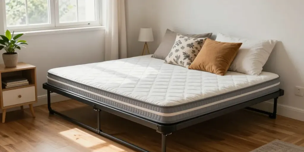 Folding bed with mattress neatly made in a cozy bedroom setting, offering comfort and style.