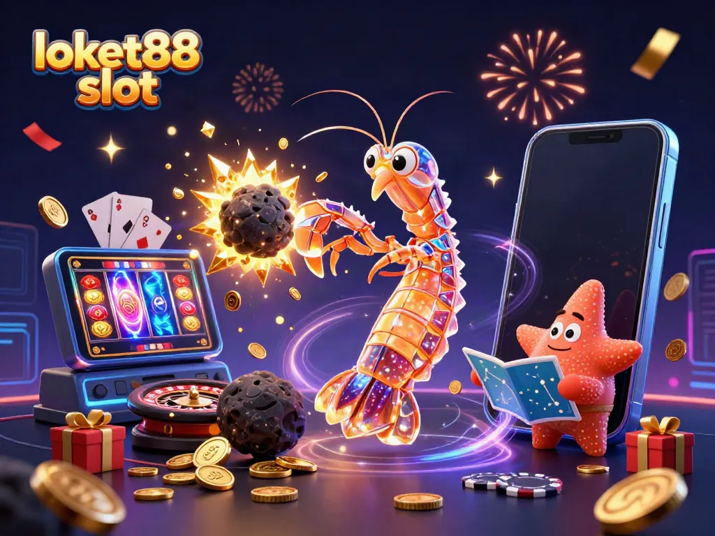 Engage with the loket88 slot universe, where a galactic mantis shrimp battles asteroids amidst vibrant casino elements.