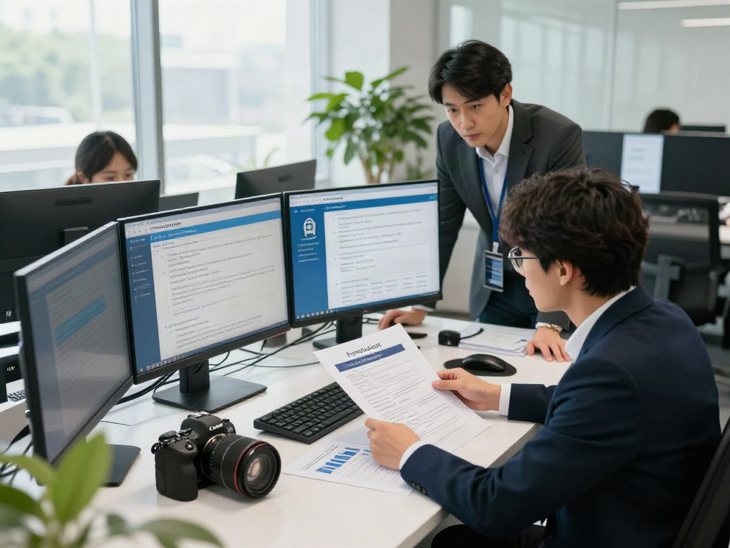 Business professionals analyzing document fraud detection solutions in a modern office environment.
