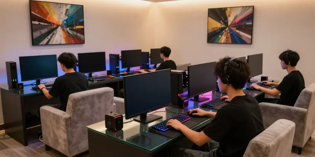 luxury333 elegant gaming lounge with luxurious seating and vibrant RGB lighting