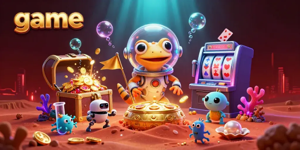 Experience thrilling gameplay with a Martian gecko uncovering a golden casino amidst vibrant alien elements.