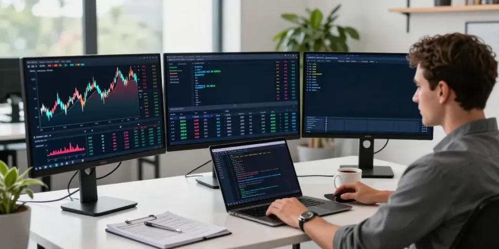 Dynamic workspace showcasing real-time financial data API for crypto trading, emphasizing technology and innovation.