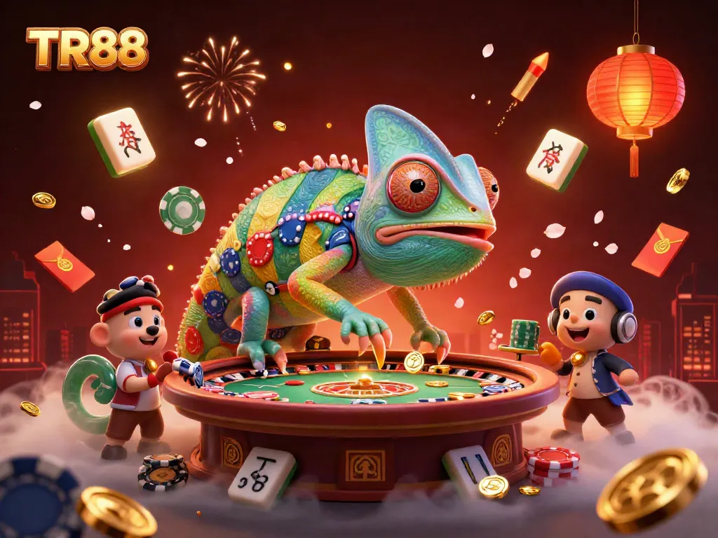 Experience exciting wins at TR88 with vibrant casino games surrounded by festive elements and a playful chameleon.