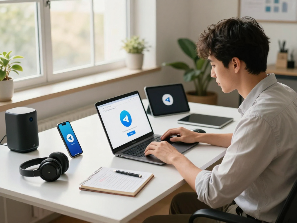 年轻专业人士在现代办公桌前下载Telegram，展现高效的工作方式和科技生活。