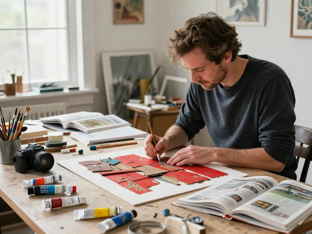 Bruce Bailey creating mixed media art on cedar shingles, showcasing his unique style.