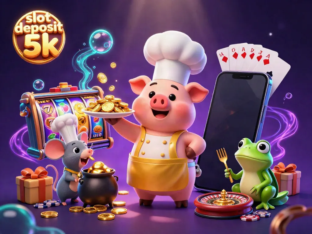 Experience the excitement of slot deposit 5k with a vibrant casino-themed illustration, featuring an engaging chef, sous-chef, and food critic.