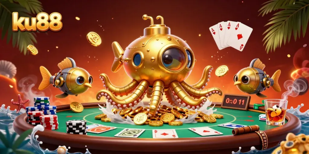 Experience excitement at ku88 with a vibrant 3D illustration of a golden kraken and poker elements.