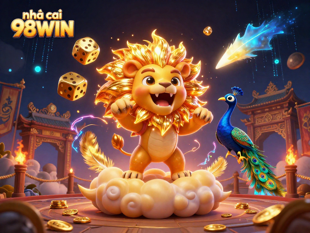 Engage with the thrilling universe of nhà cái 98WIN featuring a powerful lion and dynamic gaming elements.