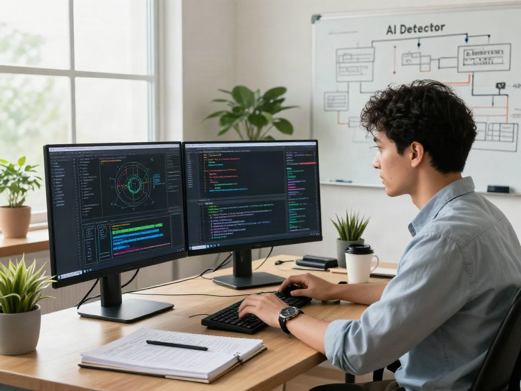 AI Detector analysis in a modern workspace featuring code, algorithms, and research notes.