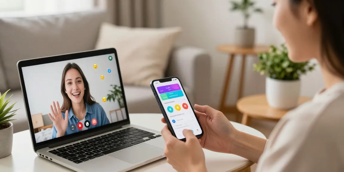 A user engaging in a pink live chat on their smartphone, smiling during a real-time private video conversation in a cozy setting.