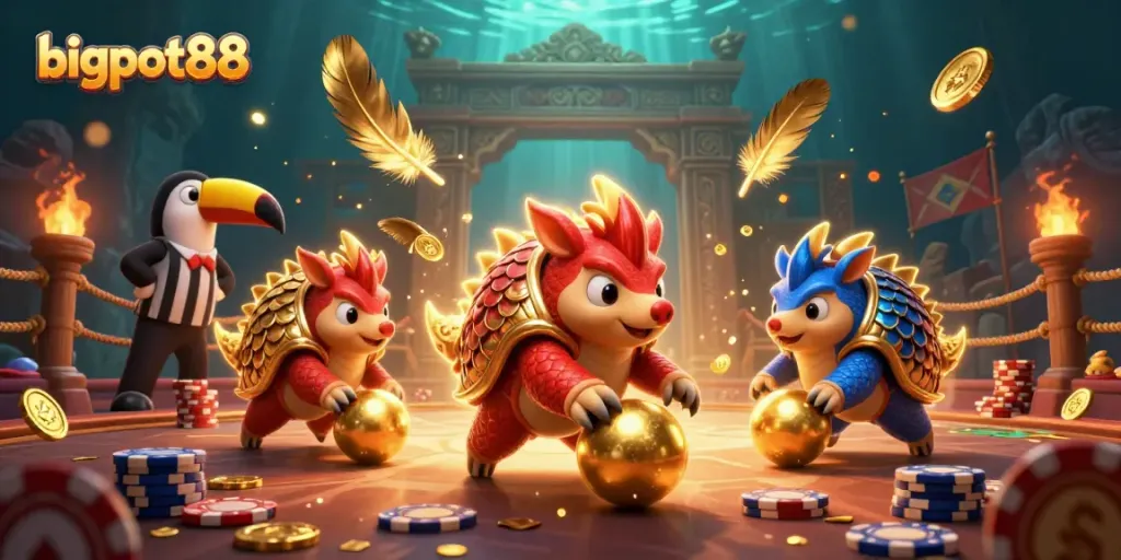 bigpot88 menghadirkan pangolin bersaing dalam suasana kasino yang meriah dengan koin emas dan chip poker.