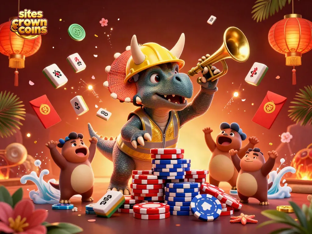 Explore exciting games like Crown Coins with a dynamic 3D casino illustration featuring characters and vibrant elements.