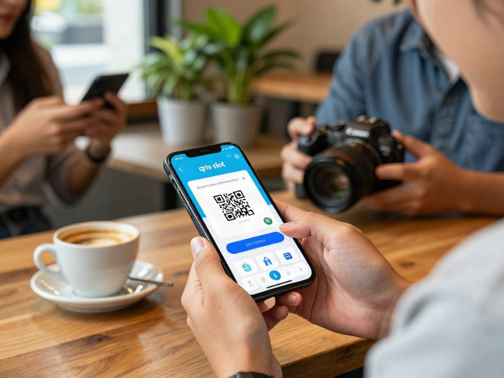 User interacting with a mobile banking app featuring the qris slot payment option in a cozy café setting.