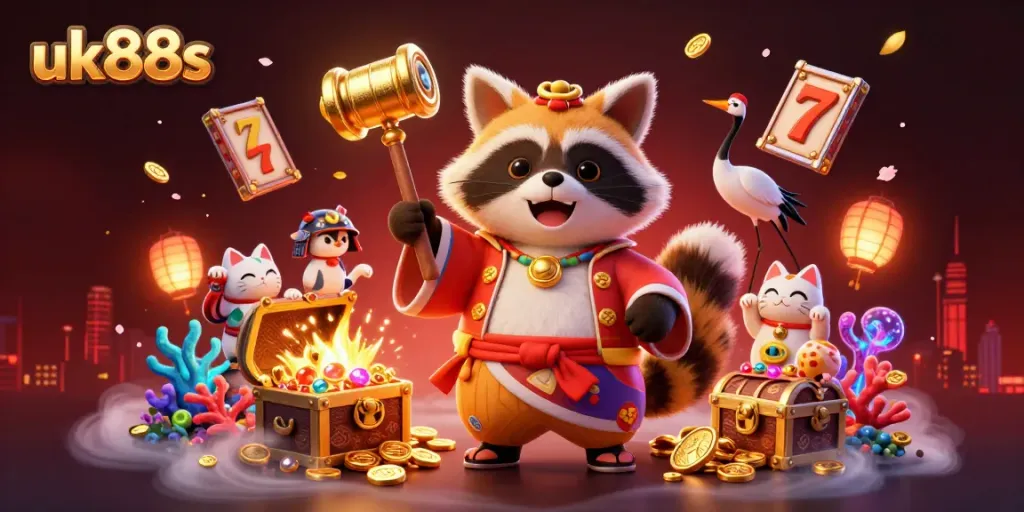 Spin the reels at uk88s as you win big amidst cheerful tanuki, vibrant treasures, and casino excitement!